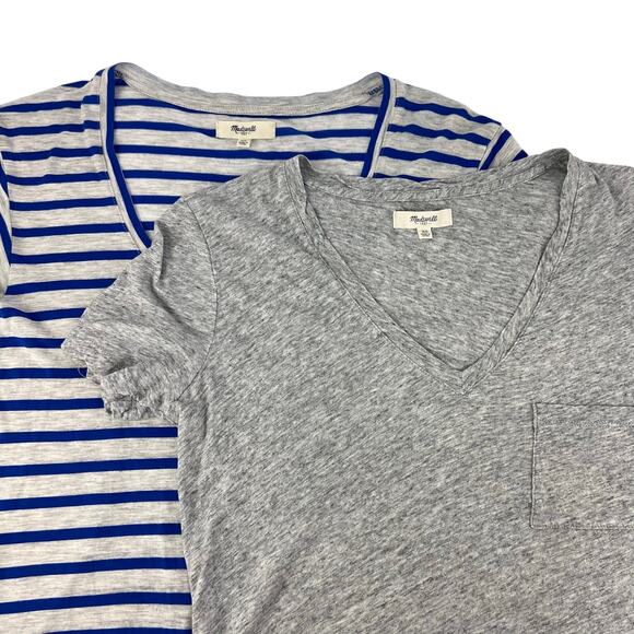 Lot Of 2 MADEWELL Women's V Neck Cotton Tee Shirts Blue Striped & Solid Gray - Picture 2 of 10